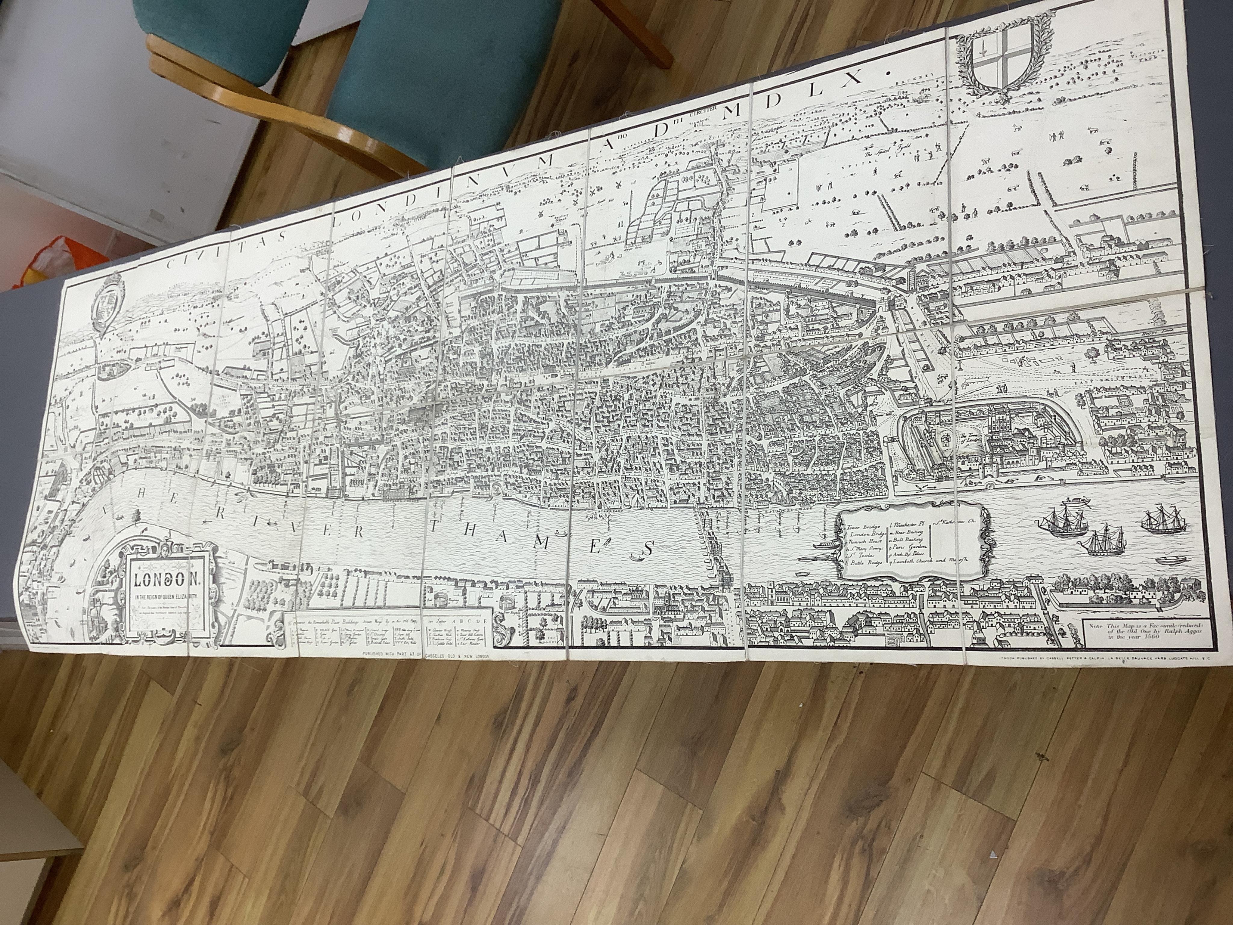 Three maps comprising: After John Senex, A New Map of London, 1720, published by Cassell, Petter & Galpin, linen backed folding map, with slipcase, London in the Reign of Queen Elizabeth, published by Cassell, linen back